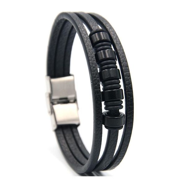 

junwei men's stainless steel leather bracelet alloy beads multi-layer leather bracelet punk style jewelry junw jllwno