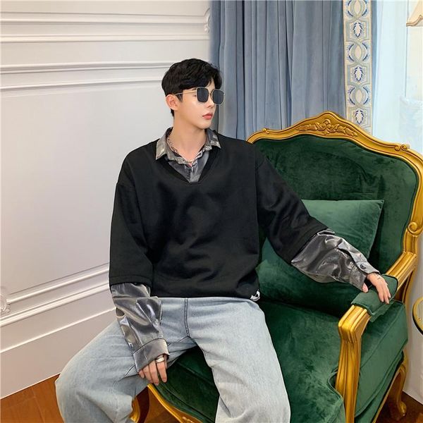 

men's hoodies & sweatshirts men autumn fake 2pcs spliced loose casual shirt style pullovers hoodie male streetwear fashion hip hop, Black