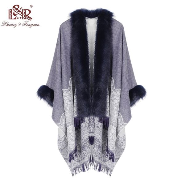 

winter foulard women poncho with fur collar floral female cashmere shawls scarf jacquard skill warm pashmina poncho tassel y201024, Blue;gray