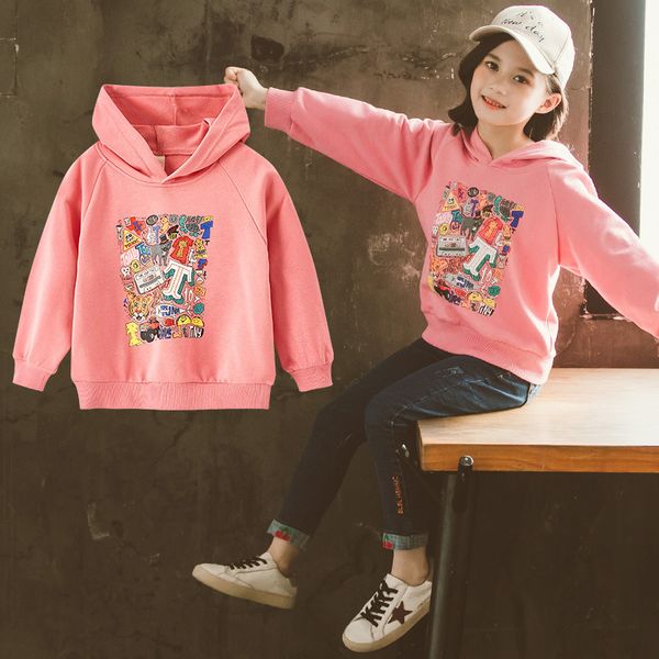 

teenage kids sweatshirt spring print hoodie sport casual sweatshirt for girls 8 10 years kids costume children clothes lj200811, Black