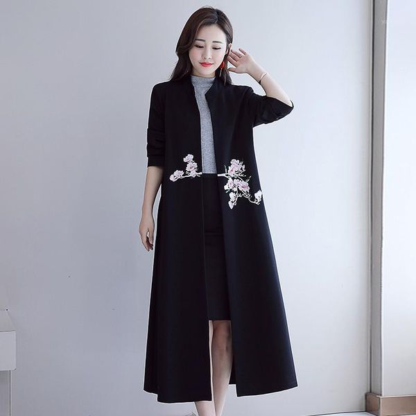 

2020 new chinese style women's retro embroidery long cardigan trench coat spring autumn women clothing xa4161, Tan;black