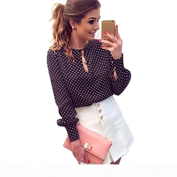 

long sleeve slit open women blouse chiffon hollow casual shirt plus size women blusas bluse polka dots shirt top, White