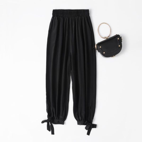 

women summer 100% natural silk harem pants silk loose style trousers casual black/navy blue holiday wide leg palid pants1, Black;white