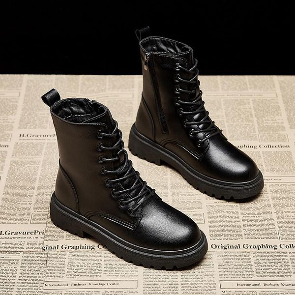 

rimocy black pu leather boots women autumn winter round toe lace up shoes woman fashion motorcycle platform botas zipper 2020