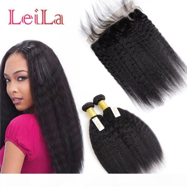 

malaysian kinky straight hair with closure 3pcs lot 100% human hair bundles italian coarse yaki with 13x4 part lace frontal baby hair, Black;brown