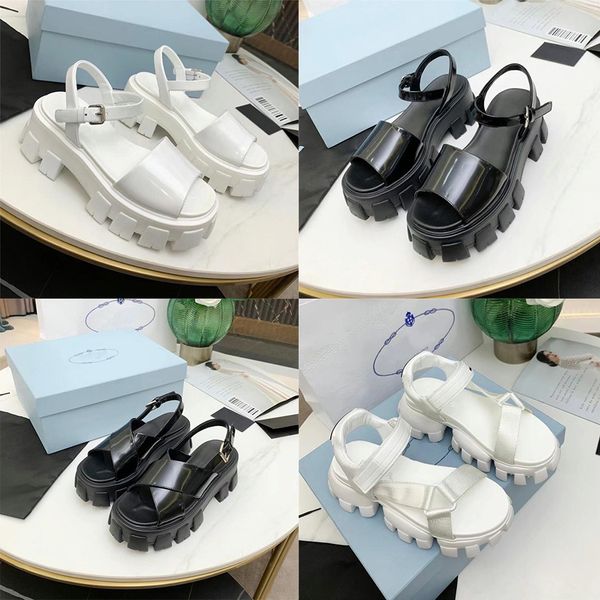 

prad designer sandals cloudbust thunder patent leather sandal women goth platform shoes summer latest brand flat sandal cross slippers canva, Black