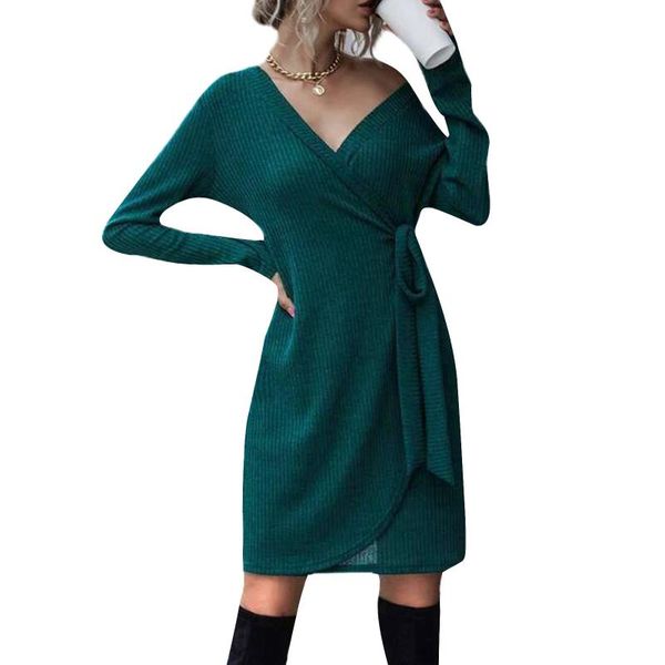 

women autumn dress cardigan lace up slim midi dress 2021 lady solid color long sleeve v-neck short dresses deep green, Black;gray
