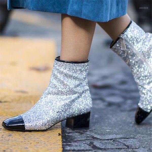 

2020 new fashion paillette women ankle boots chunky heel short booties square toe autumn boots ladies high heel botas mujer1, Black