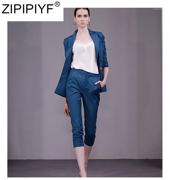 

2018 autumn women pant suits casual slim female turn down collar long sleeve blazer & calf-length pant suit c25961, Gray