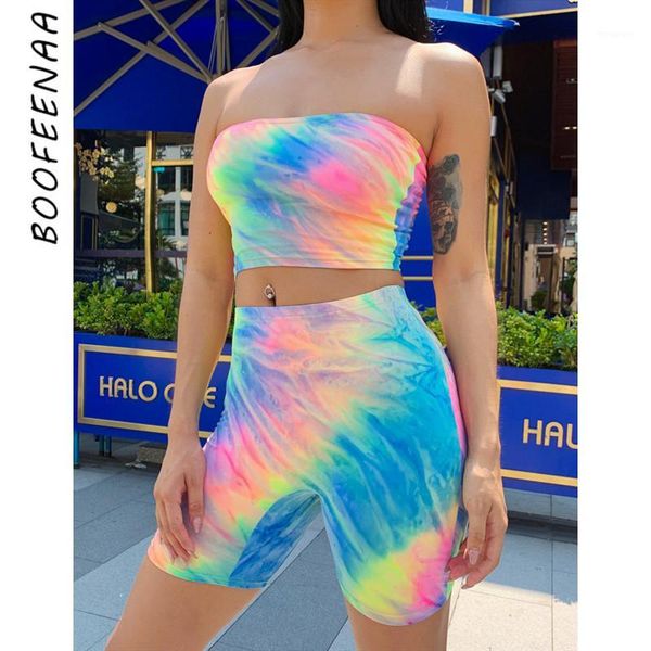 

boofeenaa neon tie dye print two piece set crop and biker shorts matching sets 2pc club outfits festival clothing c70h51, White