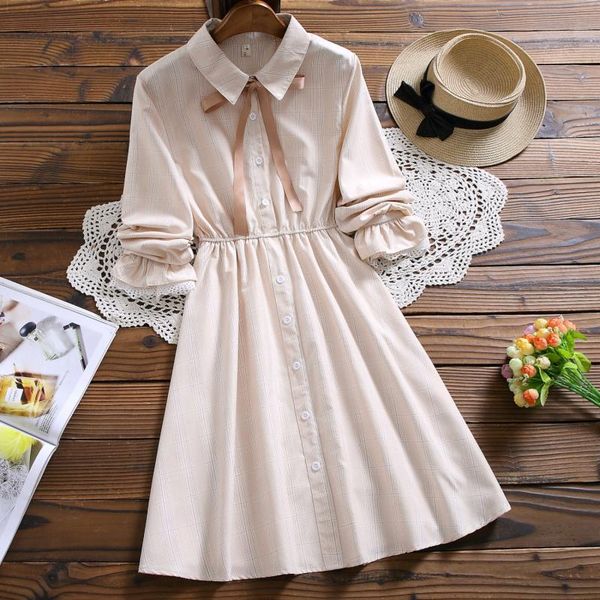 

new arrival spring autumn women clothing turn-down collar ribbon apricot plaid dress mori girl flare sleeve elegant shirt dress, Black;gray