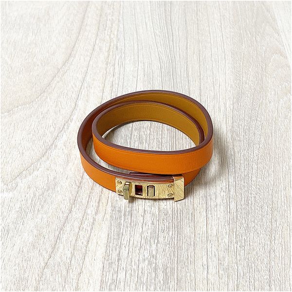 

wholesale vintage multilayer orange real leather h bracelets for women cuff bangles men gold buckle wristband pulseras accessories jewelry, Black