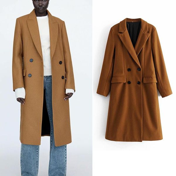 

women's wool & blends winter elegant woolen coat double-breasted women style long coats vintage minimalist cashmere overcoat oversize 2, Black