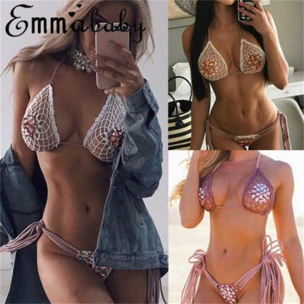 

womens crystal bikini set bandage push-up triangle beachwear swimwear swimsuit bathing women hollow crystal bikini, Black