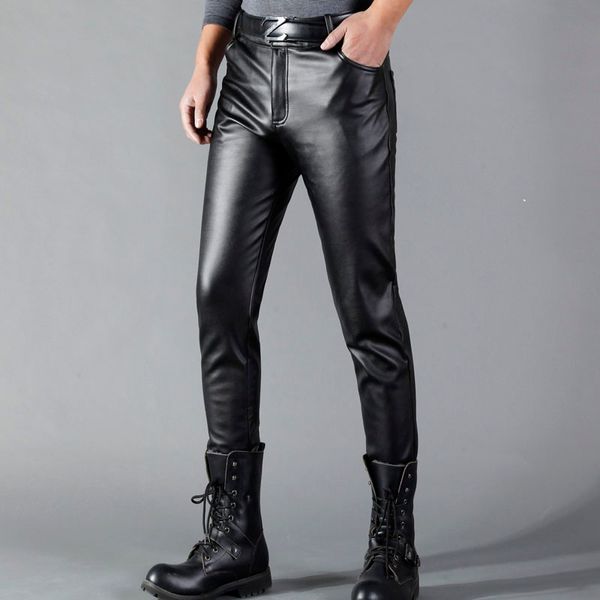 

thoshine brand men leather pants slim fit elastic style spring summer fashion pu leather trousers motorcycle pants streetwear lj200827, Black