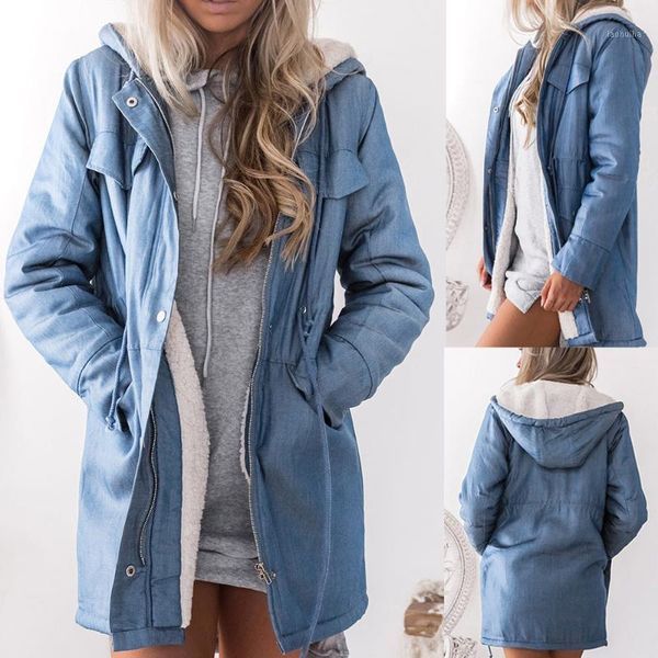 

women warm solid turn-down collar hooded casual long sleeve denim jacket long blue fashionable jean outwear overcoat1, Tan;black