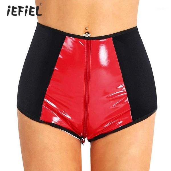 

women's panties womens wetlook faux leather shorts skinny high waist zipper open crotch short pants exotic clubwear dancing raves costu, Black;pink