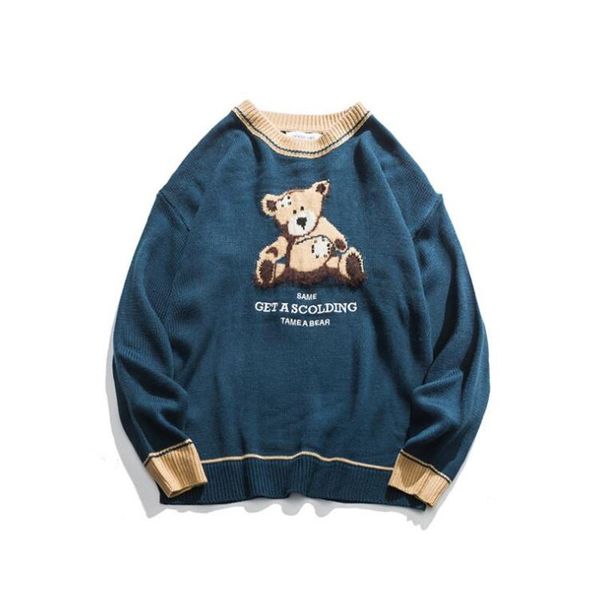 2020 Retro Männer Pullover Retro Teddybär Muster Acryl Oversize Hip Hop Streetwear Harajuku Herbst Neue Pullover männer Pullover