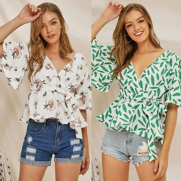 

front tie blouse women casual boho v neck summer print short flare sleeve ruffles hem blouse, White