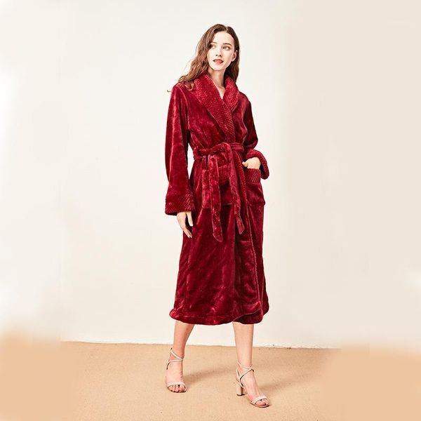 

elegant burgundy solid lovers robekimono sleepwear winter flannel nightwear nightdress casual bathrobe gown soft women homewear1, Black;red