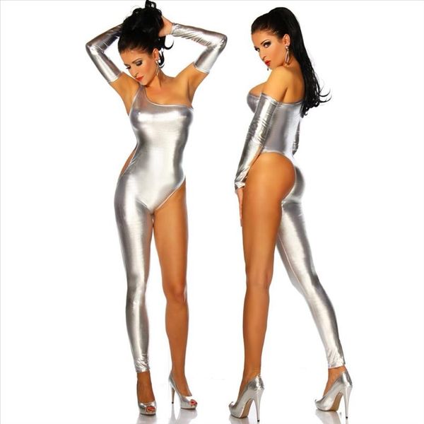 

women jumpsuits nightclub 2021 pu half sleeve long sleeve gold silver black leather jumpsuit taste suits bodysuit, Black;white