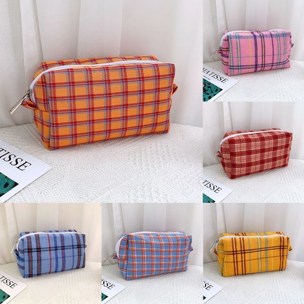 

3klfx jk girl heart portable portable pencil net red plaid large capacity wash bag bag cosmetic pencil zipper storage cosmetic crlfn