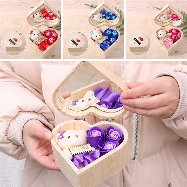 

romantic valentine's day gift box heart shaped wooden box with mirror creative simulated rose soap flower bear gift