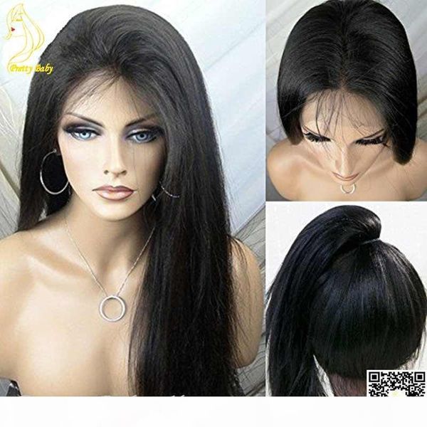

long silky straight full lace human hair wig with bangs brazilian human hair lace front wig bleached knots for black women full lace wigs, Black;brown