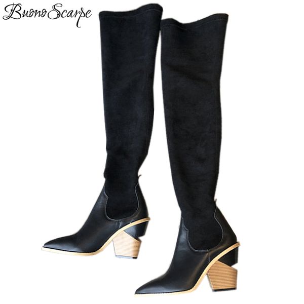 

женщины лоскутного носок сапоги sexy high heels странного длинные сапоги острого нос высоких сапог для женщин клинья каблуки botas mujer, Black