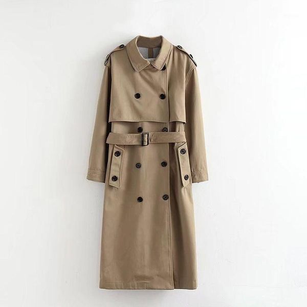 

women trench coat autumn winter double-breasted cloak turn-down collar plus long korean style loose trench outwear1, Tan;black