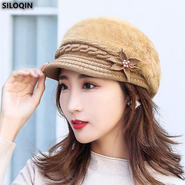 

siloqin trend women's winter cap thermal velvet ear protectors berets elegant fashion flowers decoration knitted hat casquette, Blue;gray