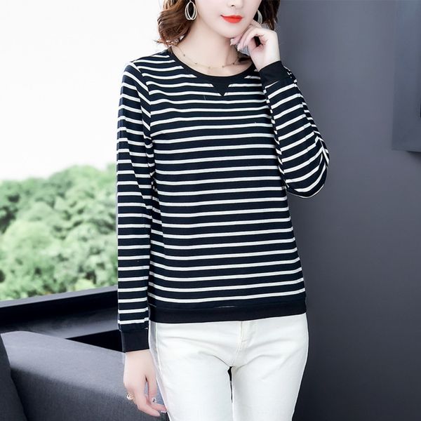 

2020 design autumn loose oversized women's striped long sleeve women's cotton crew neck t- t-shirt bottoming shirt tgdmb, White