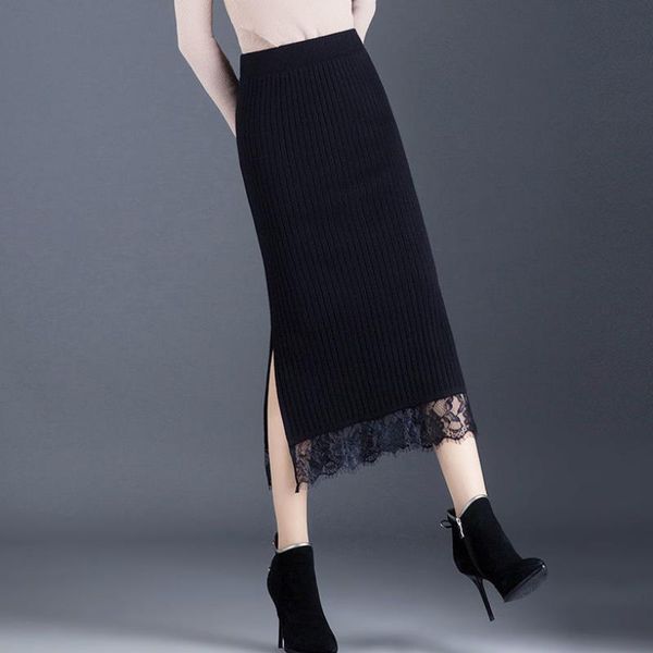 

lace knit skirt autumn winter women's high waist slimming mid-length split bag hip one-step skirt thickened faux wool, Black