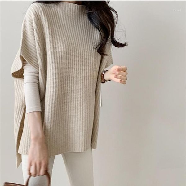 

fall 2019 loose short sleeve sweater cloak o-neck ribbed knitted oversized sweater temperament1, Black