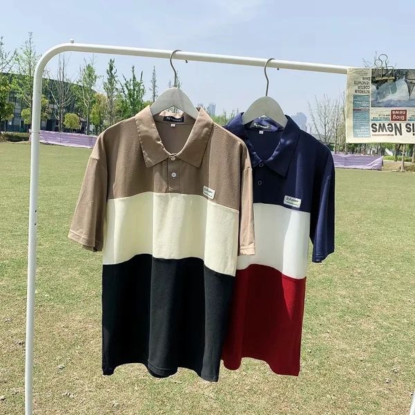

color matching polo men's short korean fashion lapel half t-shirt youth loose casual handsome five point sleeve shirt, White;black