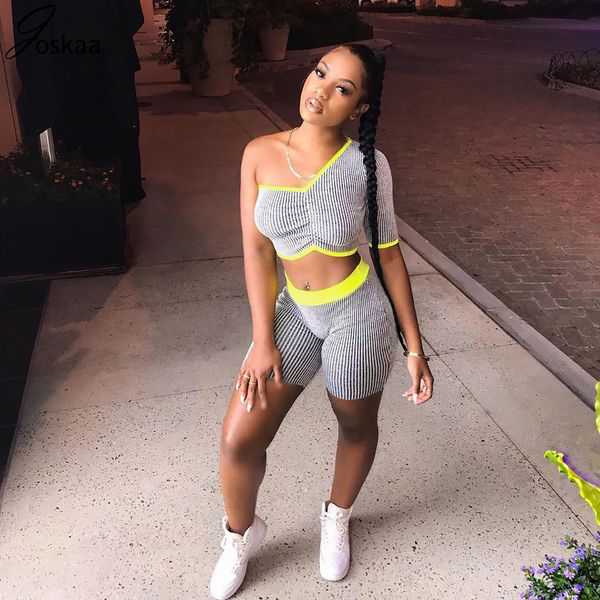 

joskaa striped one shoulder short sleeve crop + shorts two pieces set draped night club fashion women casual outwear 201012, White
