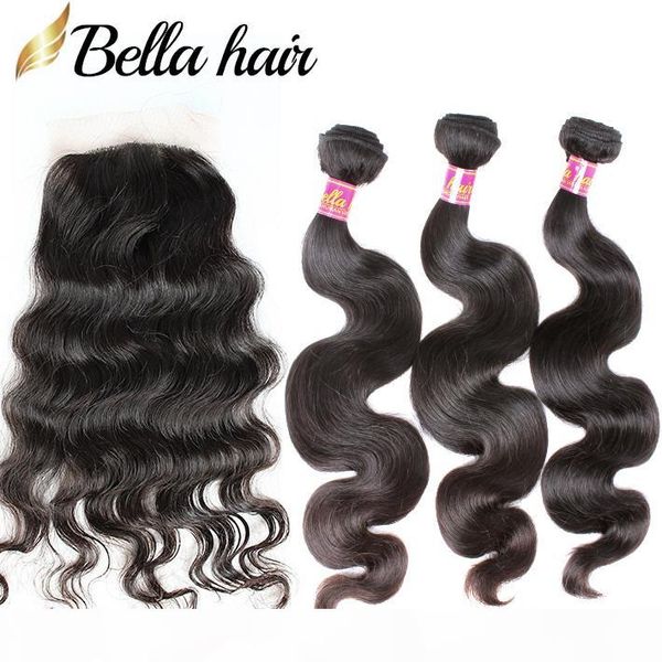 

4x4 silk base lace closure with hair bundles brazilian virgin hair closure body wave human hair weft extension natural color 4pc lot, Black