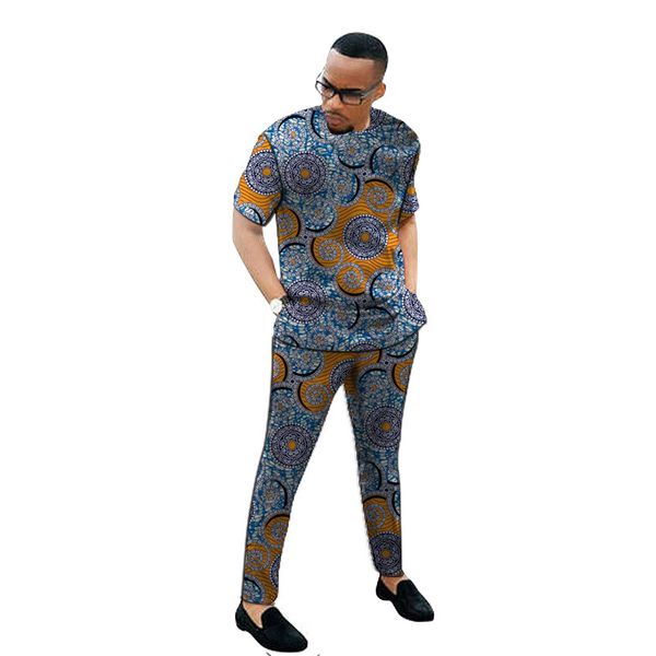 Stampa africana Set da uomo Abbigliamento Kente Tops Matching Pantaloni da 2 pezzi ANKARA Abiti Camicia + Pant Abiti da uomo su misura Abiti da sposo LJ201125