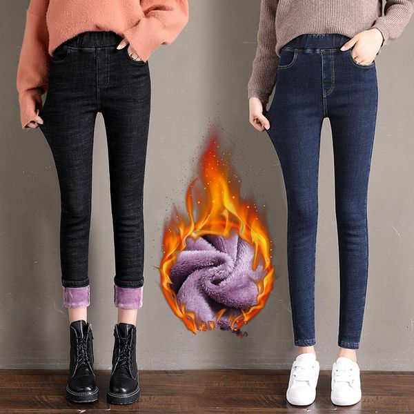 

black blue winter warm thicken denim pencil pants women fleece jeans pants elastic wasit solid trouser streetpants p92661