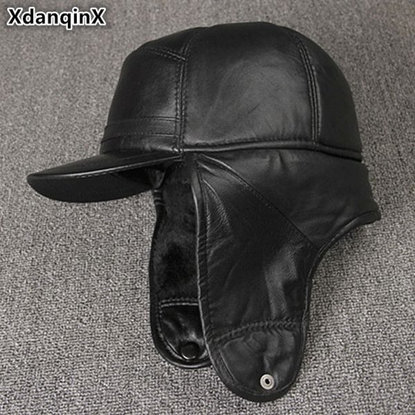 

xdanqinx genuine leather hat for men winter warm bomber hats earmuffs plus velvet thick sheepskin hooded ski cap dad winter caps t200104, Blue;gray