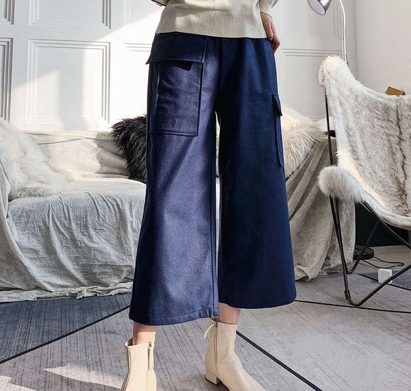 

autumn and winter 2019 new harajuku wind wool wide leg pants women's asymmetric pocket capris #md128256-04, Black;white