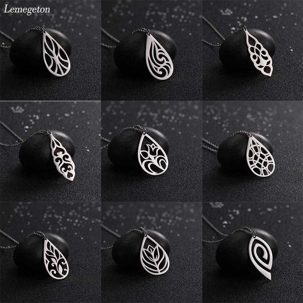 

lemegeton stainless steel droplet pendant necklace hollow geometric rose leaves necklace women jewelry fashion accessories, Silver