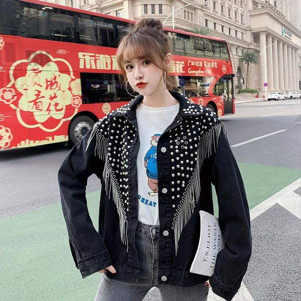 

hong kong style denim coat fashion spring autumn new tassel heavy industry rivet loose large size jacket top, Black;brown