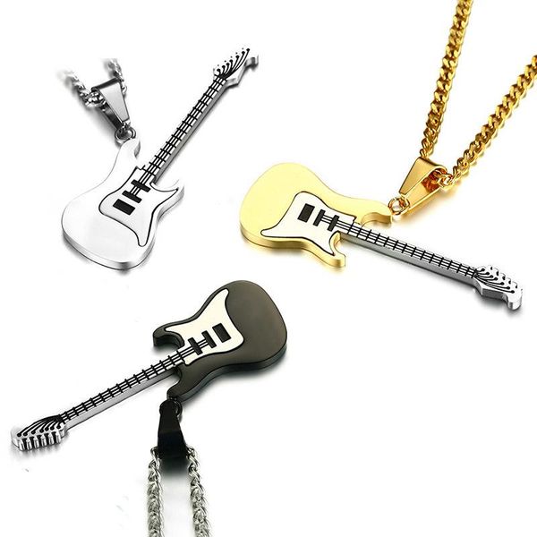 

guitar pendant necklace men stainless steel rock instrument guitar pendant hip hop rock band necklaces jewelry on the neck, Silver