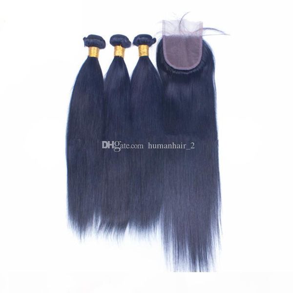 

dark blue human hair weaves with lace closure virgin peruvian hair extensions 3 bundles deals with lace closure silky straight hair, Black;brown