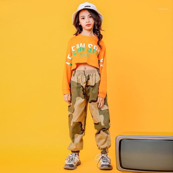 

jazz dance costumes girls camouflage street dance practice wear performance clothing long sleeve hip hop rave outfit dc31041, Black;red