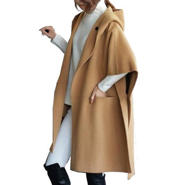 

women's wool & blends 2021 autumn winter women coat loose casual cloak warm woolen jacket cardigan hooded outerwear female eleg, Black