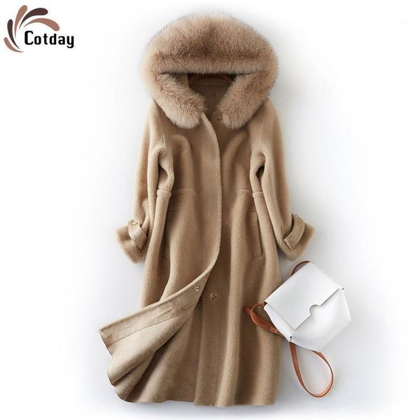 

cotday office lady slim woman sheep shearing fur coat female long parka warm hooded winter fur collar wool coat women1, Black