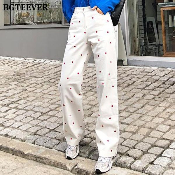 

bgteever 2020 winter high waist women loose jeans pants high waist heart printed long denim pants casual straight leg trousers1, Blue