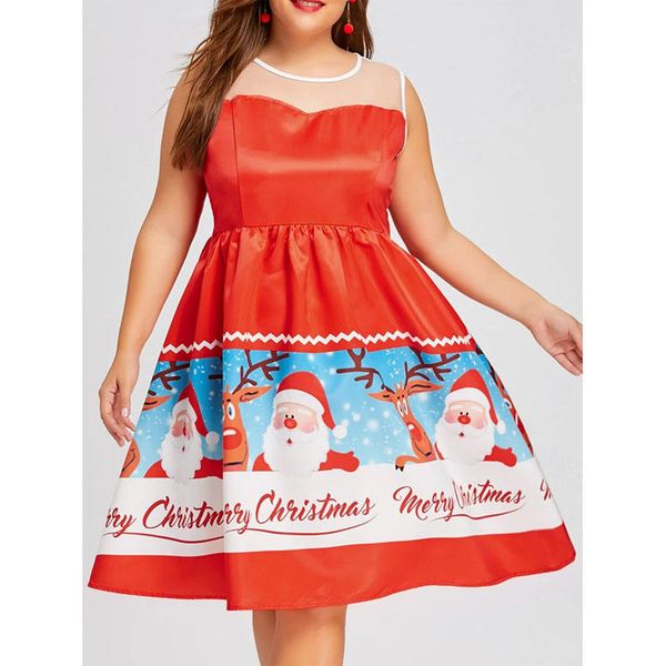 

women leisure loose christmas lace stitching printing high waist big swing round neck sleeveless midi dress, Black;gray